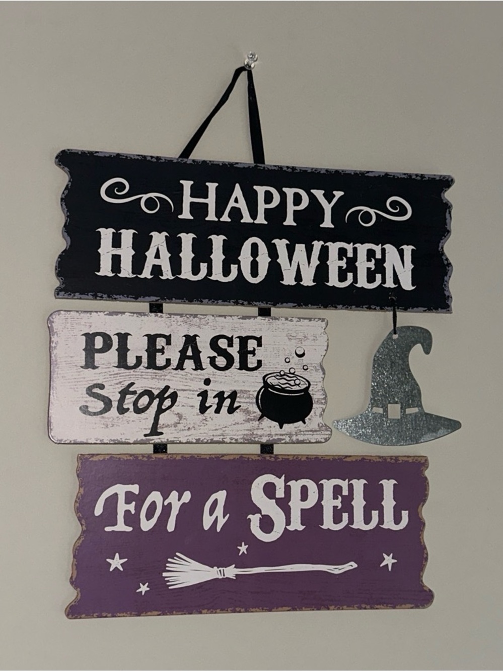 Happy Halloween Wall Sign - Purple, Black & White Halloween Decor